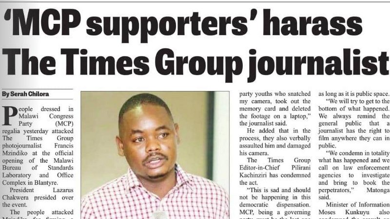 MISA Malawi demands prosecution of MCP supporters for assaulting Times Group photojournalist